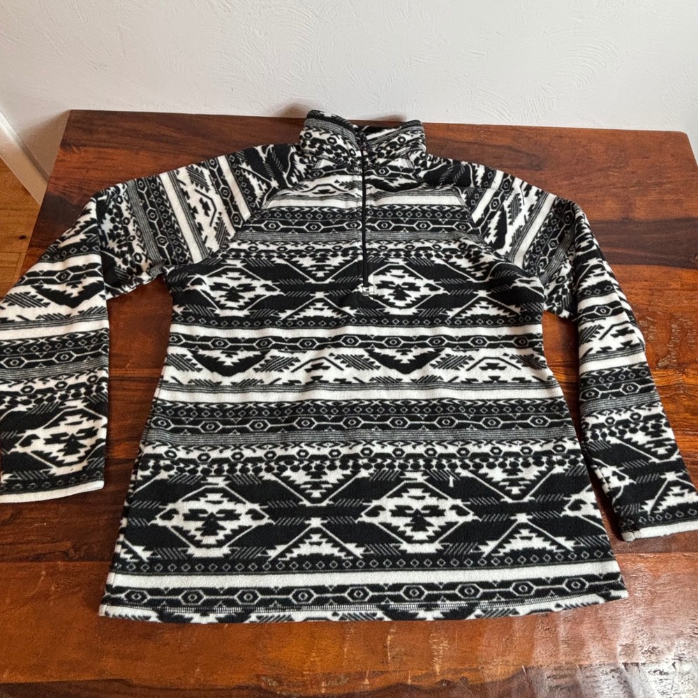 Eddie Bauer Womens‎ Large Black White Geometric Southwestern Quarter Zip Fleece